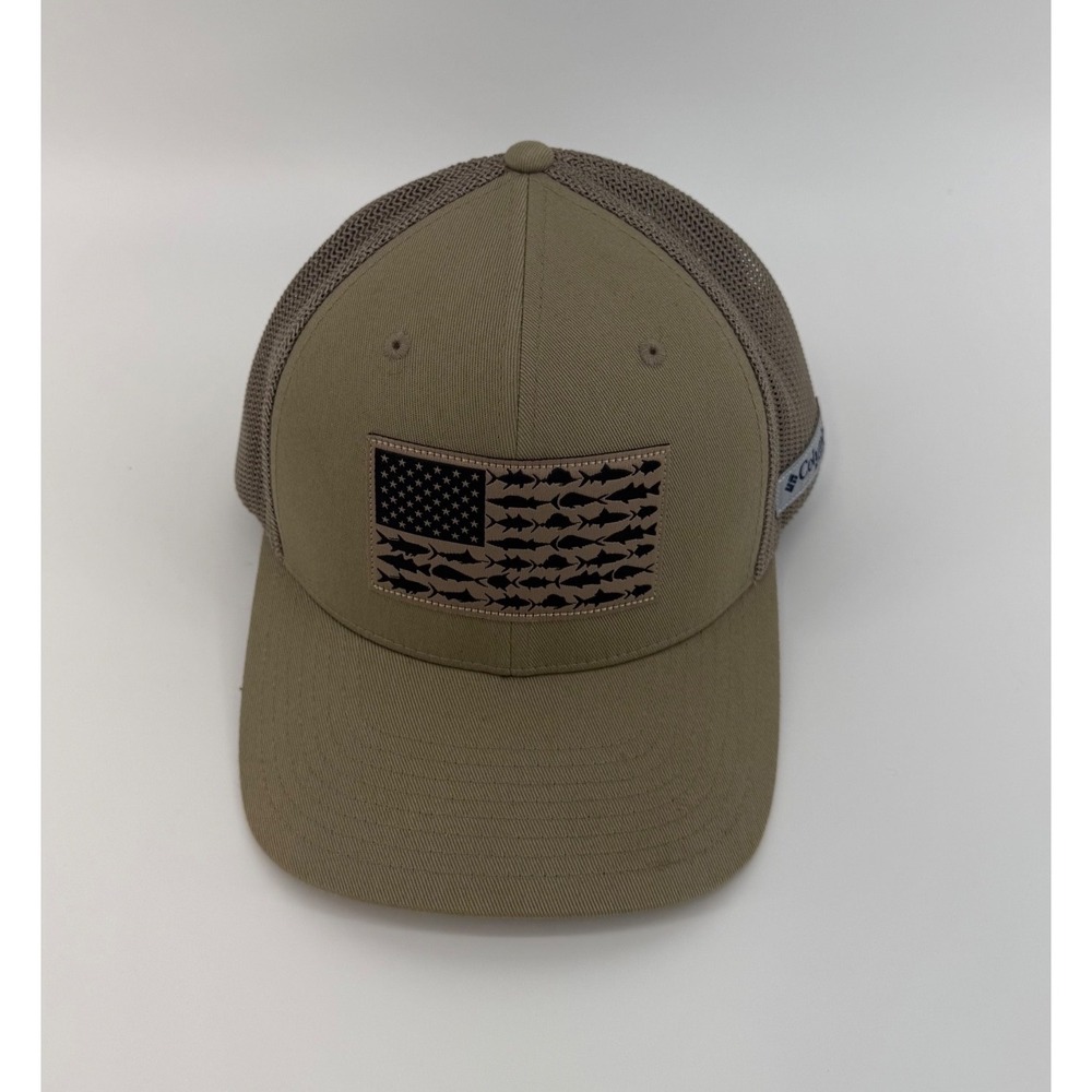 Columbia PFG Mesh Fish Flag Ball Cap Khaki Tan Trucker Hat Flexfit Mens